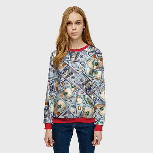 Женский свитшот Банкноты сто долларов / 3D-Красный – фото 3