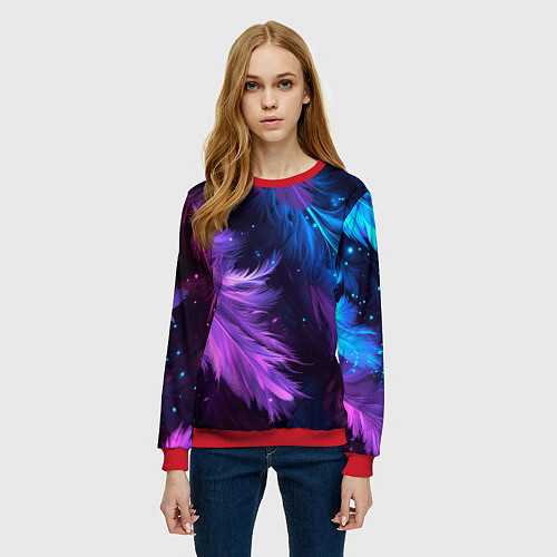 Женский свитшот Искрящиеся перья в розовых и голубых оттенках / 3D-Красный – фото 3