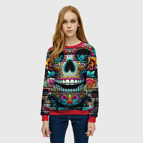 Женский свитшот Cool skull - graffiti ai art / 3D-Красный – фото 3