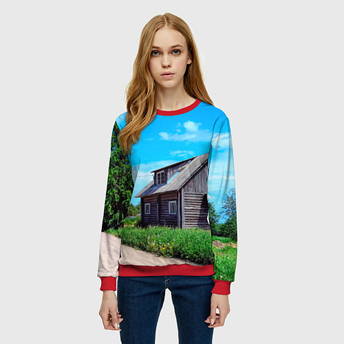 Женский свитшот Дом в деревне / 3D-Красный – фото 3