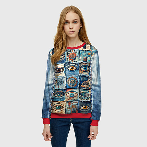 Женский свитшот Глаза на джинсах пэчворк / 3D-Красный – фото 3