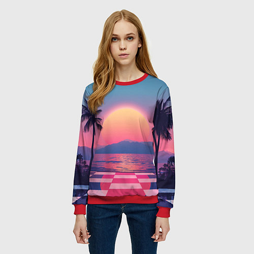 Женский свитшот Пальмы на шахматном полу с видом на закат / 3D-Красный – фото 3