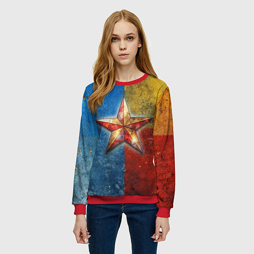 Женский свитшот Звезда на синем желтом красном фоне / 3D-Красный – фото 3