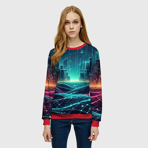 Женский свитшот Metropolis - vaporwave neon glow / 3D-Красный – фото 3