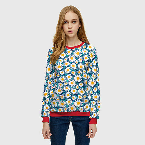 Женский свитшот Ромашки паттерн / 3D-Красный – фото 3