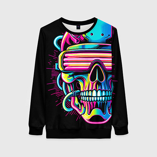 Женский свитшот Cyber skull - ai art neon / 3D-Черный – фото 1