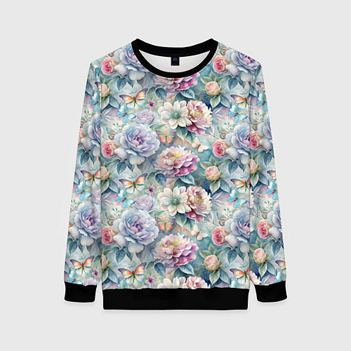 Женский свитшот Цветы и бабочки летний паттерн / 3D-Черный – фото 1