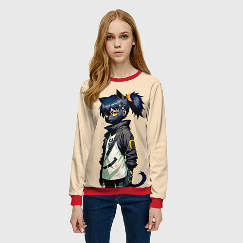 Женский свитшот Прикольная чёрная кошечка - нейросеть / 3D-Красный – фото 3