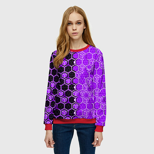 Женский свитшот Техно-киберпанк шестиугольники фиолетовый и чёрный / 3D-Красный – фото 3