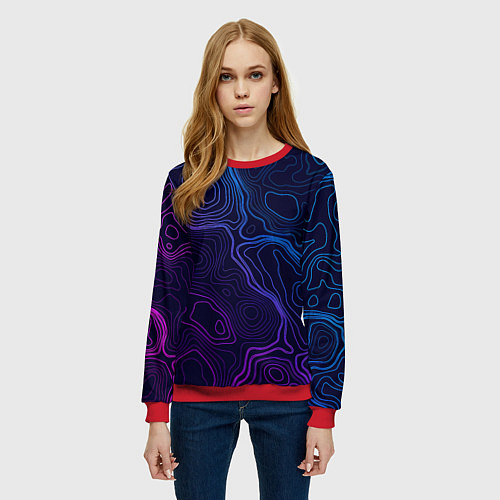 Женский свитшот Абстрактная топографическая карта / 3D-Красный – фото 3