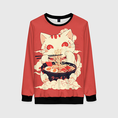 Женский свитшот Japanese cat eats ramen / 3D-Черный – фото 1