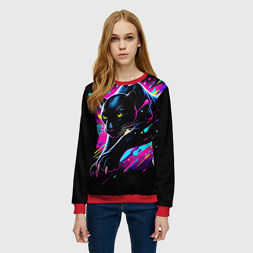 Женский свитшот Мощная пантера прыгает - нейросеть / 3D-Красный – фото 3