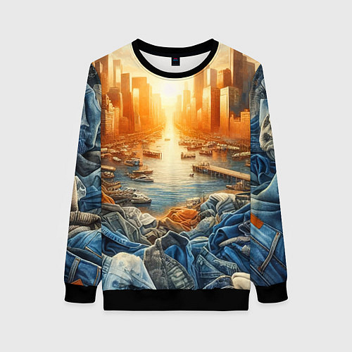 Женский свитшот Нью-Йорк с джинсовыми берегами - нейросеть / 3D-Черный – фото 1