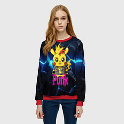 Свитшот женский Пикачу панк на фоне синего разлома, цвет: 3D-красный — фото 2