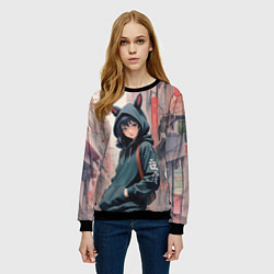 Свитшот женский Девушка в худи с ушками, цвет: 3D-черный — фото 2