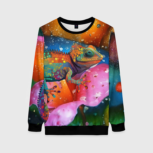 Женский свитшот Ящерица - яркая абстракция / 3D-Черный – фото 1