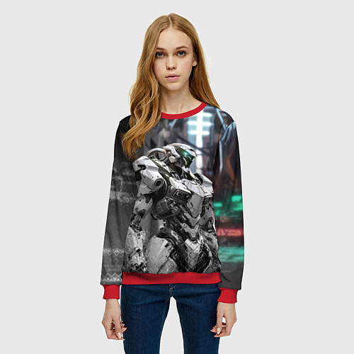 Женский свитшот Боевой робот в белой броне / 3D-Красный – фото 3