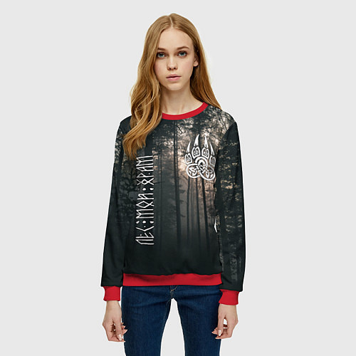 Женский свитшот Символ волчья лапа и сумрачный лес - лес мой храм / 3D-Красный – фото 3