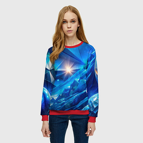 Женский свитшот Синяя объемная абстракция со вспышкой / 3D-Красный – фото 3