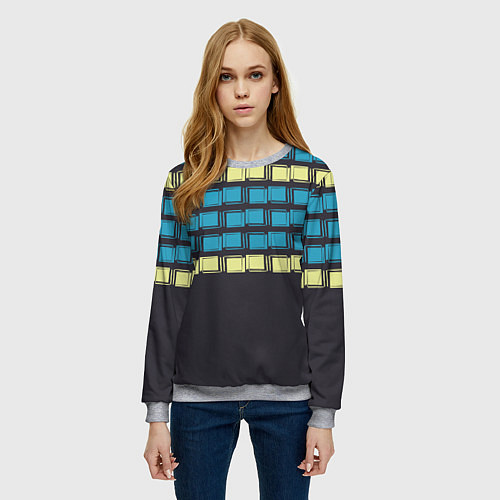 Женский свитшот Голубые и мятные квадраты на темном / 3D-Меланж – фото 3