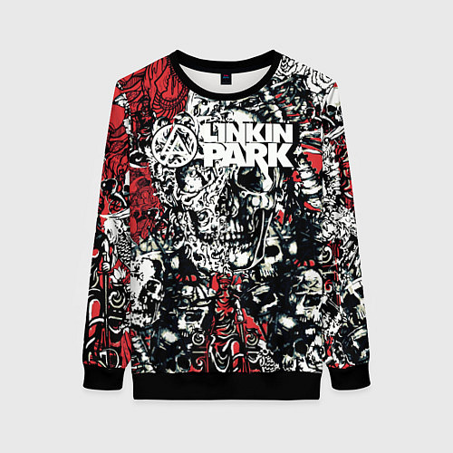 Женский свитшот Linkin Park на фоне татуировки черепов и скелетов / 3D-Черный – фото 1