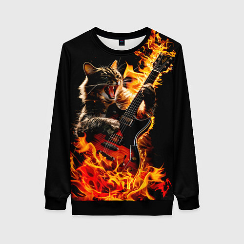 Женский свитшот Кот в огне играет рок / 3D-Черный – фото 1