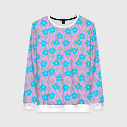Свитшот женский Голубые цветочки на розовом орнаменте, цвет: 3D-белый