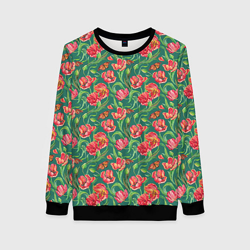 Женский свитшот Тюлпаны с бабочками / 3D-Черный – фото 1