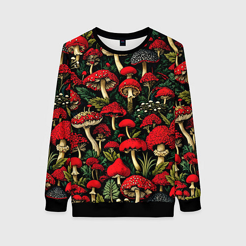 Женский свитшот Лесные красные грибы мухоморы - паттерн / 3D-Черный – фото 1