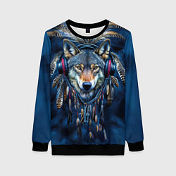 Женский свитшот Волк в наушниках и перья - индейский диджей