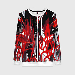 Свитшот женский Красно-белая хаотичная абстракция на чёрном фоне, цвет: 3D-белый