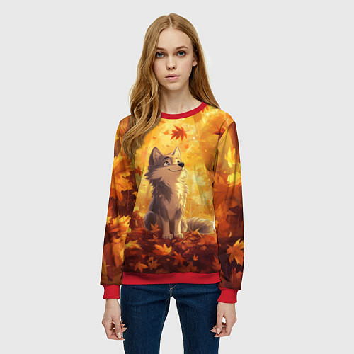 Женский свитшот Волчонок в осеннем лесу / 3D-Красный – фото 3