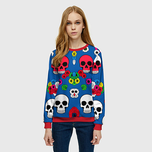 Женский свитшот Паттерн из цветных черепков муэрто - нейроарт / 3D-Красный – фото 3
