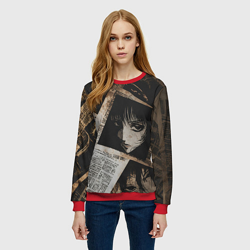 Женский свитшот Иллюстрация из манги на газетах / 3D-Красный – фото 3