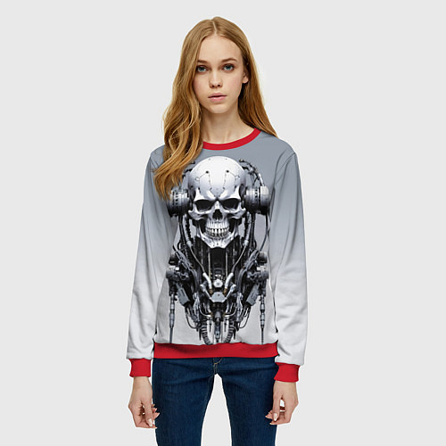 Женский свитшот Cool cyber skull - ai art fantasy / 3D-Красный – фото 3