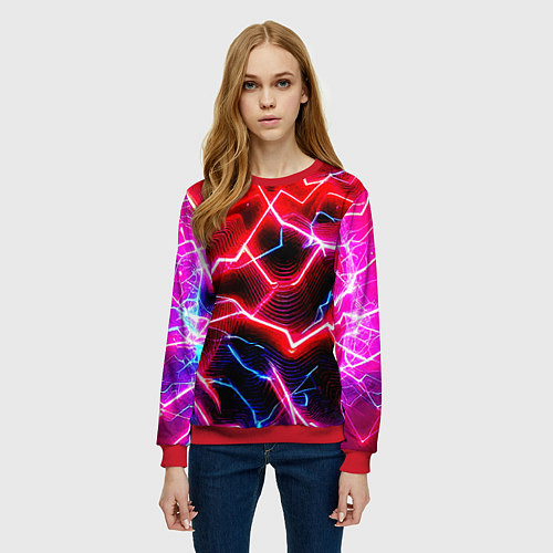 Женский свитшот Неоновые космические разряды - нейроарт / 3D-Красный – фото 3