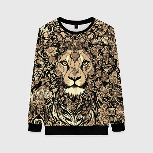 Женский свитшот Лев среди узоров из цветов / 3D-Черный – фото 1