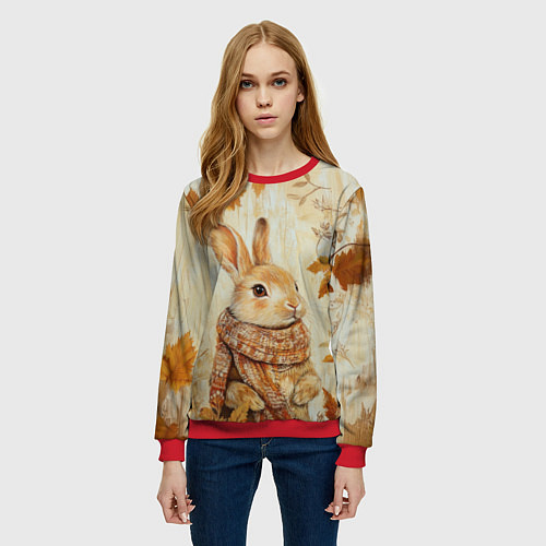 Женский свитшот Зайчик в шарфе / 3D-Красный – фото 3