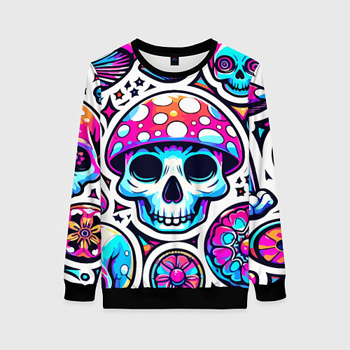 Женский свитшот Череп в мухоморной шляпе - нейроарт / 3D-Черный – фото 1