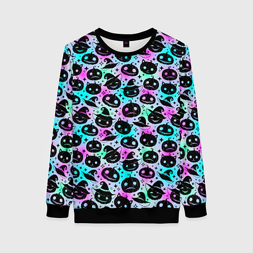 Женский свитшот Halloween - тыквы на неоновом фоне / 3D-Черный – фото 1
