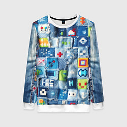 Свитшот женский Minecraft значки на пэчворк, цвет: 3D-белый