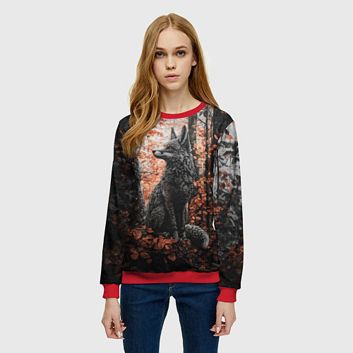 Женский свитшот Серый лис в лесной чаще / 3D-Красный – фото 3