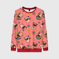 Свитшот женский Забавные мопсы паттерн, цвет: 3D-красный