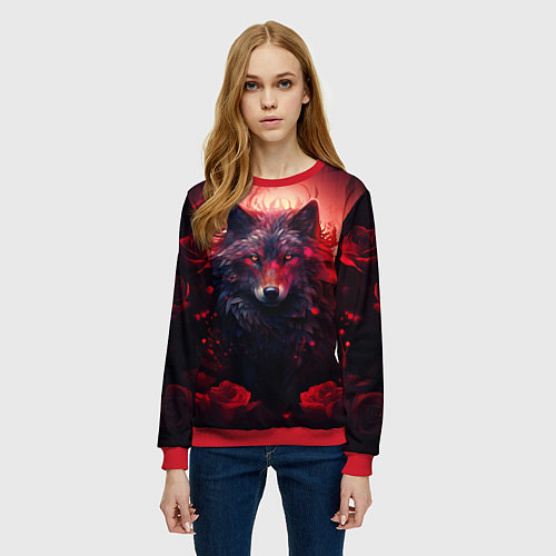 Женский свитшот Волчица и розы / 3D-Красный – фото 3