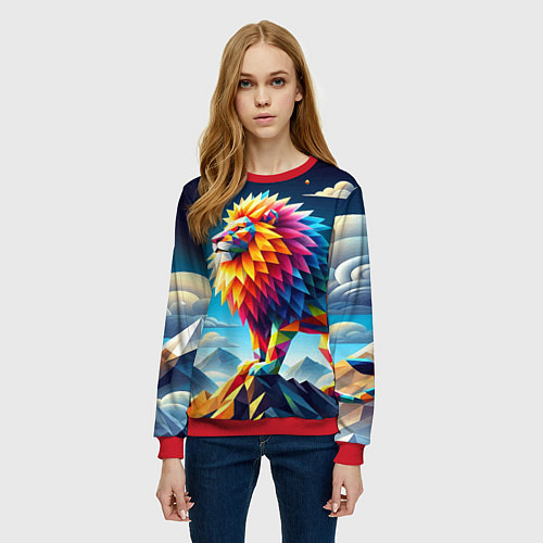 Женский свитшот Полигональный лев в горах - нейроарт / 3D-Красный – фото 3
