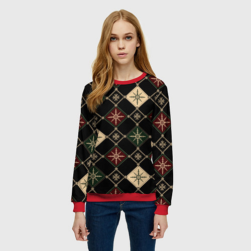 Женский свитшот Паттерн из снежинок на темном фоне / 3D-Красный – фото 3