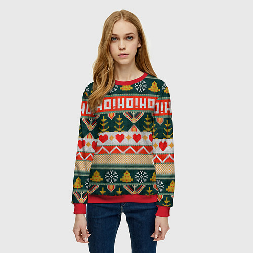 Женский свитшот Новогодняя вязанная текстура ho-ho / 3D-Красный – фото 3