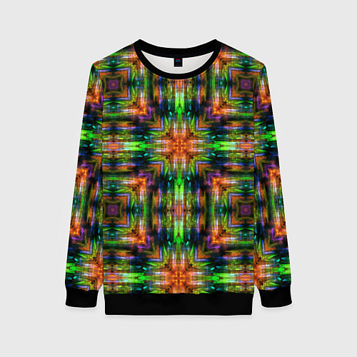 Женский свитшот Зелено оранжевый калейдоскопический узор / 3D-Черный – фото 1