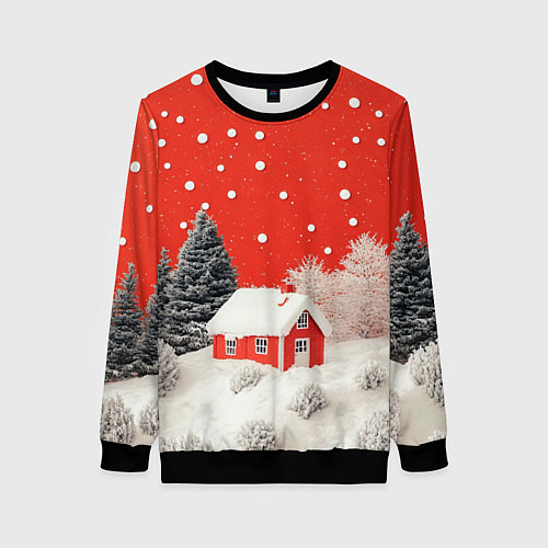 Женский свитшот Новогодний домик и красное небо / 3D-Черный – фото 1