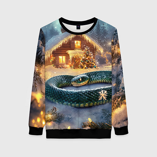 Женский свитшот Большая змея на фоне новогоднего дома / 3D-Черный – фото 1